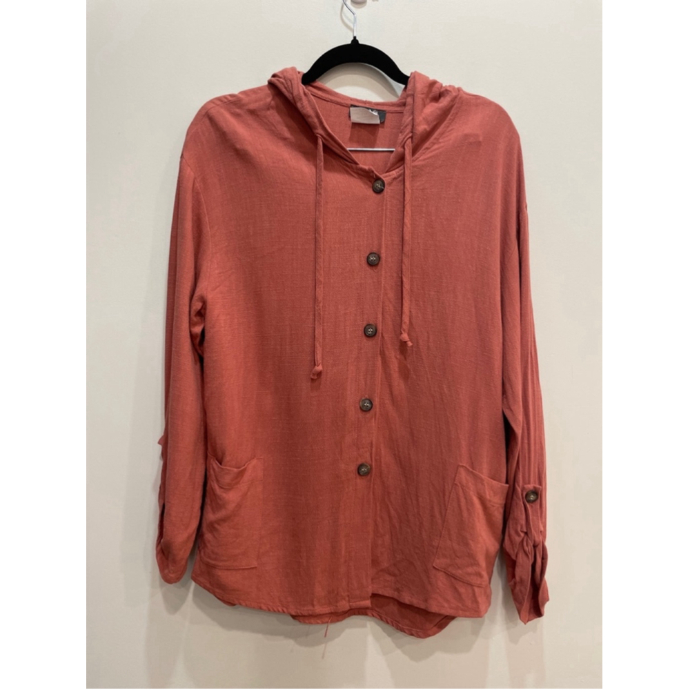 DéVia Collection Viscose Linen Button Up Hoodie L Lagenlook Beachy Lightweight